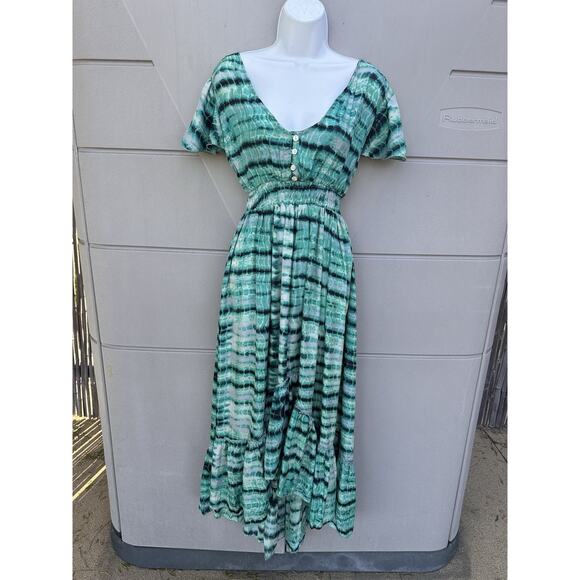 Y2K Tie Dye Print Silk Open Back Midi Dress Babydoll Whimsical Sundress Sz S - Picture 3 of 10